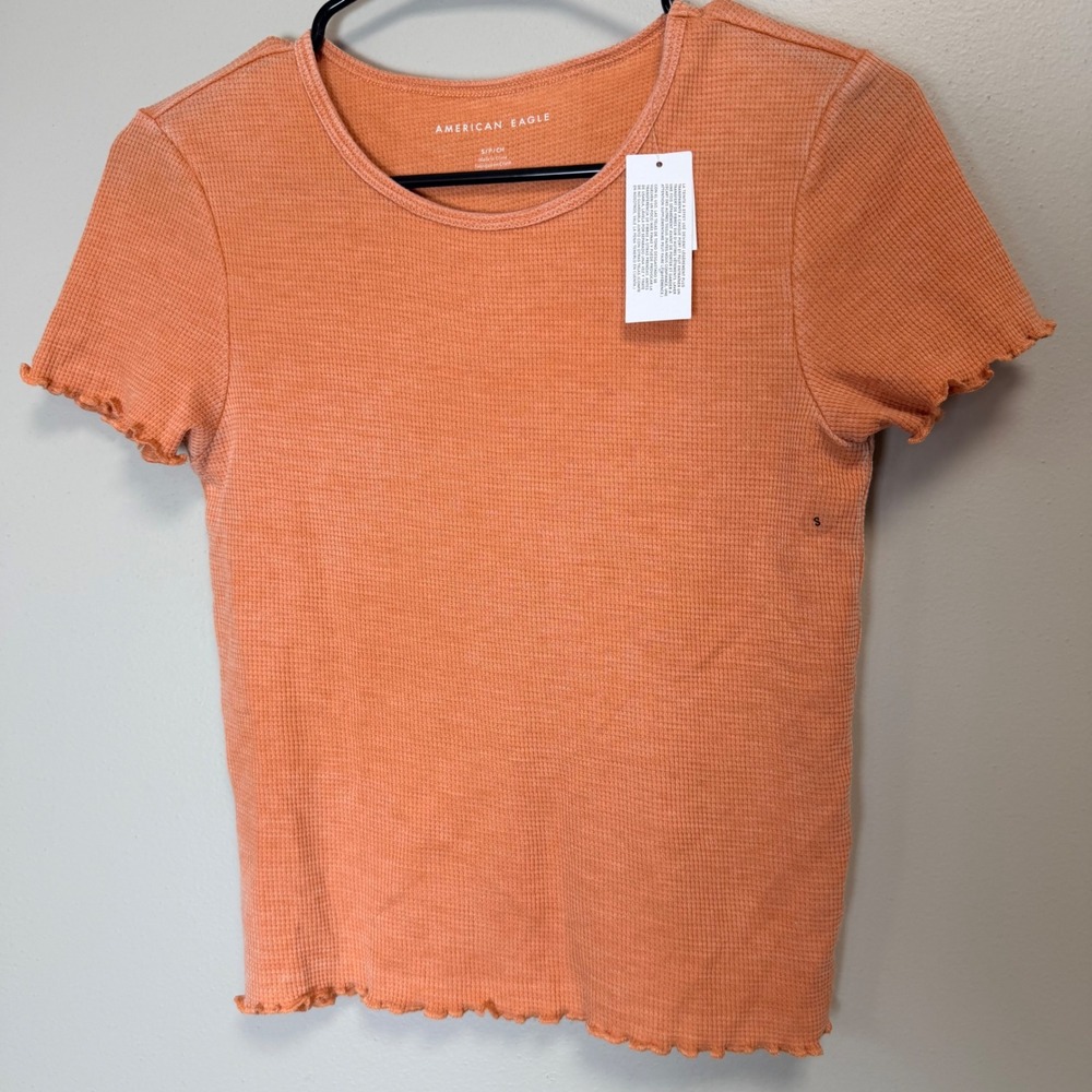 American Eagle small NWT orange waffle knit scalloped baby cropped tee